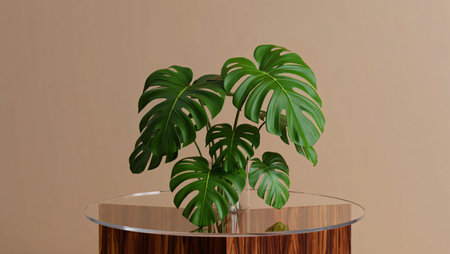 A vibrant Monstera deliciosa plant with characteristic fenestrated leaves is showcased on a clear acrylic pedestal with a wooden base, set against a neutral backdrop.の素材