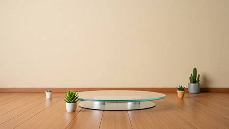 A clean and modern interior scene featuring a circular glass display stand on a polished wooden floor. Two small potted plants add a touch of greenery to the minimalist setting.の素材