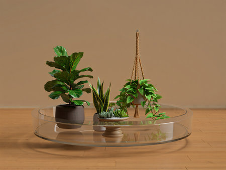 A clear glass terrarium showcases a collection of small, vibrant green houseplants. The arrangement sits on a warm wooden surface, creating a natural and decorative indoor display.の素材