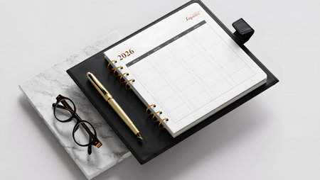 A minimalist overhead view showcases a black leather journal, a golden pen, and stylish eyeglasses on a clean white surface.の素材