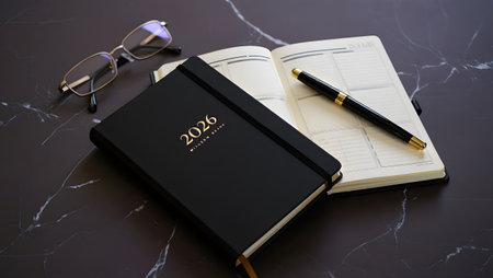 A black 2020 planner lies open next to a pen and reading glasses on a dark marbled surface.の素材