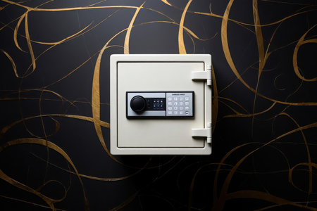 A compact, white safe with a digital keypad is mounted on a dark, textured wall.の素材