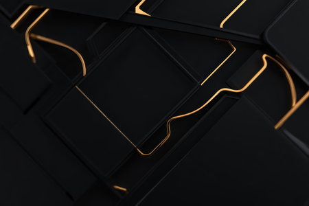A close-up, abstract view of a dark geometric pattern with thin gold lines.の素材