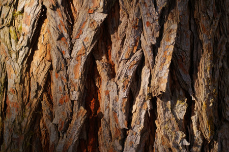 Detailed view of deeply grooved, reddish-brown tree bark with dramatic lighting.の素材