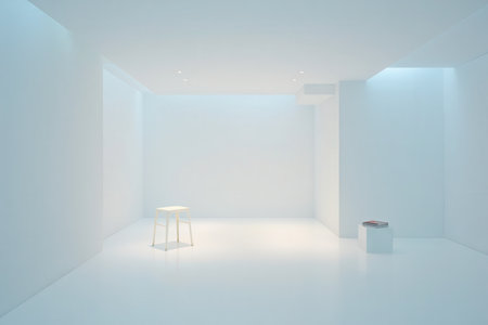 An empty, brightly lit white room with a single chair and a small table.の素材