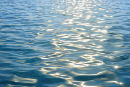 Close-up view of calm blue water with shimmering sunlight creating patterns.の素材