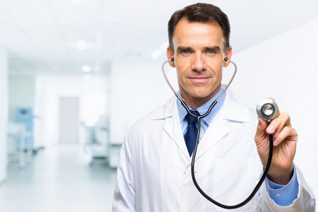 A smiling doctor in a white coat holds a stethoscope towards the camera.の素材