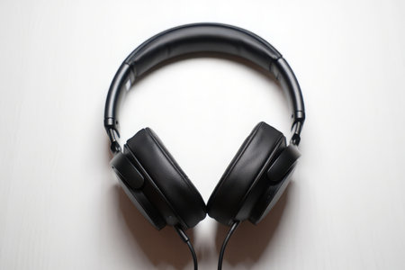 A pair of black over ear headphones are displayed on a plain white surface.の素材