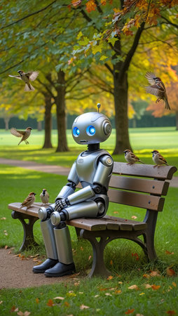 A robot sits on a park bench surrounded by birds.の素材