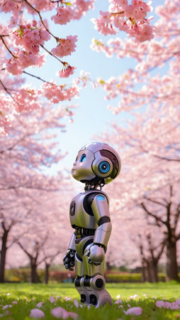 A small robot observes spring's blooming pink trees.の素材