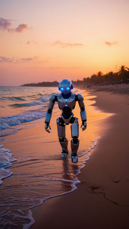 Robot walking on a tropical beach with sunset glow.の素材