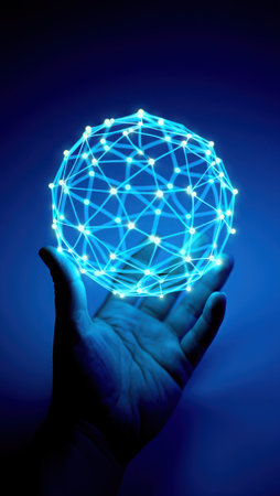 Hand holding glowing blue network sphere, concept.の素材