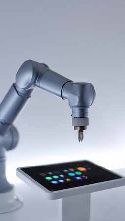 Automation arm interacting with digital interface.の素材