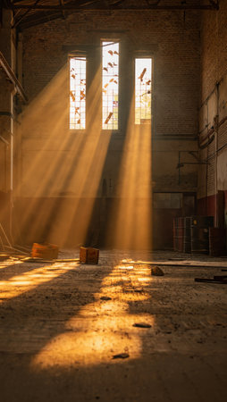 Dramatic sunbeams pierce dusty air in an old factory.の素材