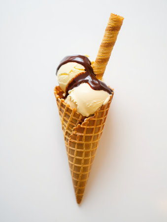 A tempting waffle cone filled with creamy vanilla ice cream, drizzled with rich chocolate syrup, and garnished with a crispy wafer, all isolated on a clean white background.の素材