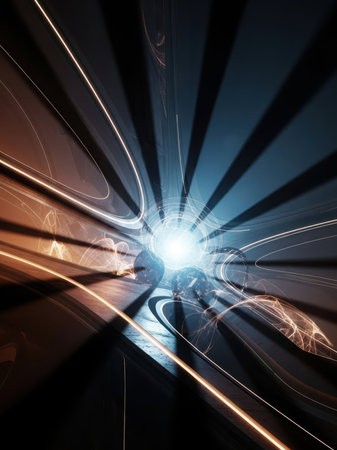 This image captures a dynamic and abstract scene of light trails at night. The trails radiate outwards from a central point, creating a mesmerizing pattern of blue and white streaks. The abstract nature of the image evokes a sense of motion and energy, with the light trails suggesting the paths of moving vehicles or other light sources. The dark background contrasts sharply with the bright, swirling lights, enhancing the visual impact and depth of the image.の素材