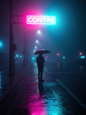 A lone figure stands on a rain-soaked street at night, holding an umbrella. The street is illuminated by neon lights, casting a colorful glow on the wet pavement. The sign 'CONTRE' is prominently displayed in the background, adding a futuristic touch to the scene. The atmosphere is moody and atmospheric, with a sense of solitude and introspection.の素材