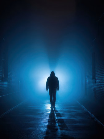 A mysterious and atmospheric image featuring a lone figure walking away from the camera towards a bright blue light. The figure is silhouetted against the vivid light, creating a sense of intrigue and uncertainty. The pathway is wet, reflecting the light and adding to the ethereal quality of the scene.の素材