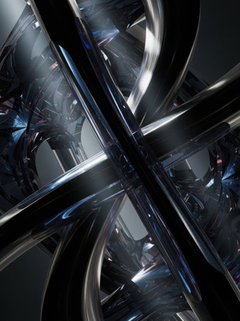 This image features an abstract metal sculpture composed of intertwined, reflective metal tubes. The sculpture exhibits a complex arrangement of lines and curves, creating a sense of depth and dimension. The metallic surfaces capture and reflect light, adding to the visual intrigue of the piece. The overall aesthetic is modern and industrial, showcasing the beauty of metalwork in a contemporary context.の素材