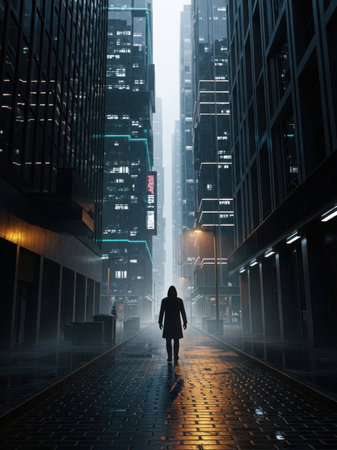 A solitary figure walks down a foggy street in a modern city. Tall skyscrapers with illuminated windows tower on either side, creating a narrow, eerie atmosphere. The street is dimly lit, with a few streetlights casting a soft glow, and the fog adds a sense of mystery and solitude.の素材