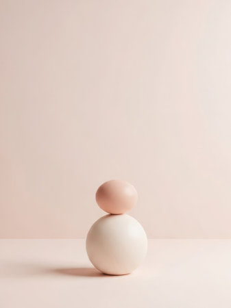 A simple and elegant composition featuring two eggs stacked on top of each other against a soft pink background. The bottom egg is white, and the top egg is a light pink color. The image exudes a sense of calm and simplicity.の素材