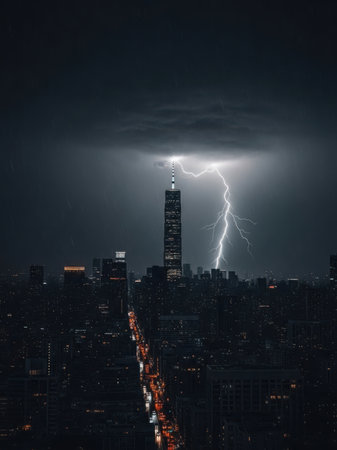 A dramatic cityscape at night is illuminated by a striking bolt of lightning. The tallest skyscraper stands prominently in the center, with the city's lights creating a vibrant contrast against the dark sky. The lightning bolt adds a sense of power and intensity to the scene.の素材