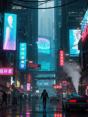 A bustling city street at night, illuminated by a myriad of colorful neon signs in various languages. The street is slick with rain, reflecting the bright lights, and a lone figure walks down the center of the road. Tall buildings tower in the background, shrouded in a light fog, and cars are parked along the sides of the street.の素材