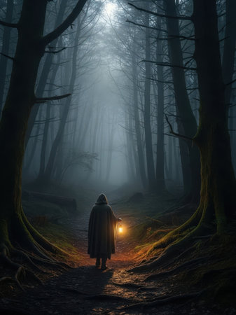 A solitary figure, draped in a hooded cloak, walks along a dimly lit path in a mystical forest. The path is flanked by towering trees, their branches intertwining overhead to create a natural canopy. The forest floor is covered in a soft moss, and the air is filled with a gentle mist. The traveler carries a lantern, casting a warm glow that illuminates the way forward. The scene evokes a sense of mystery and adventure, as the journey ahead is shrouded in both literal and metaphorical fog.の素材