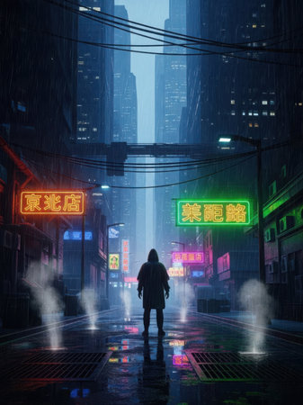 A lone figure walks down a rain-soaked street in a futuristic city. The street is illuminated by vibrant neon signs in Chinese characters, casting a colorful glow on the wet pavement. Tall skyscrapers tower in the background, and power lines crisscross above, adding to the urban atmosphere.の素材