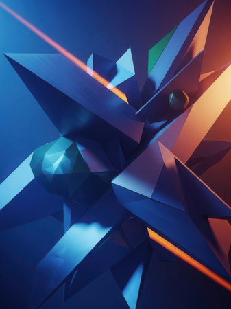 This image features a complex and captivating arrangement of geometric shapes. The design is dominated by sharp, intersecting lines and polygons, creating a sense of depth and three-dimensionality. The color palette includes shades of blue, purple, and orange, which add to the visual intrigue and vibrancy of the composition. The interplay of light and shadow enhances the texture and structure of the geometric forms.の素材