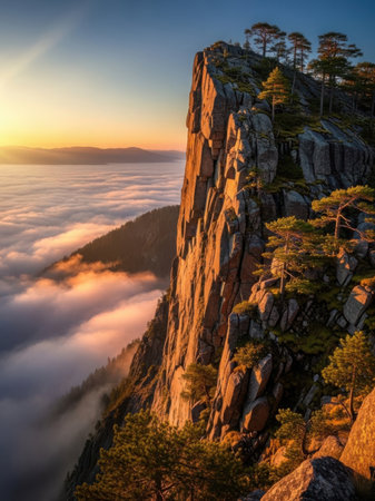 A breathtaking sunset view from the top of rugged mountain cliffs. The scene captures the golden light of the setting sun casting long shadows and illuminating the rocky peaks. Below, a sea of clouds blankets the landscape, creating a serene and ethereal atmosphere. Tall pine trees stand resiliently on the cliff edges, adding a touch of green to the otherwise earthy tones of the scene.の素材