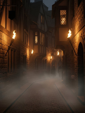 A narrow, cobblestone alleyway between old medieval buildings, illuminated by torchlight. The scene is shrouded in a thick fog, creating a mysterious and eerie atmosphere. A lone figure can be seen walking away into the mist.の素材