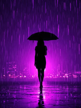 A mysterious silhouette of a person holding an umbrella walks alone in the pouring rain. The scene is illuminated with a vibrant purple hue, creating a dramatic and melancholic atmosphere. The city lights in the background are blurred, adding to the sense of solitude and introspection.の素材