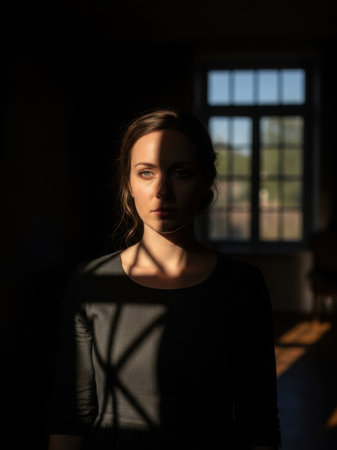 A woman stands in a dimly lit room, her face partially illuminated by the sunlight streaming through a large window behind her. The sunlight casts a soft glow on her features, creating a striking contrast with the shadows around her. She is wearing a dark-colored top, which further accentuates the play of light and shadow in the image. The background outside the window appears to be a serene, green landscape, adding a sense of tranquility to the overall scene.の素材