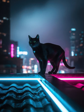 A black cat stands confidently on the edge of a rooftop, overlooking a vibrant cityscape at night. The city lights create a colorful backdrop with neon lights in shades of blue and pink, illuminating the skyscrapers and buildings below. The cat's eyes reflect the city lights, adding a mystical touch to the scene.の素材