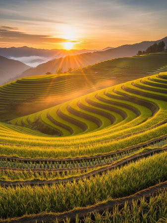 A breathtaking landscape captures the sunrise over a series of lush, green terraced fields. The golden rays of the rising sun illuminate the terraces, casting a warm glow over the misty valley. The scene is serene and picturesque, highlighting the beauty of nature and the harmony between the mountains and the cultivated land.の素材