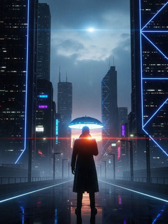 A lone figure stands under an umbrella on a rainy night in a futuristic cityscape. The city is illuminated with neon lights, towering skyscrapers, and a glowing moon in the distance. The reflective streets capture the vibrant lights, creating a surreal and atmospheric scene.の素材