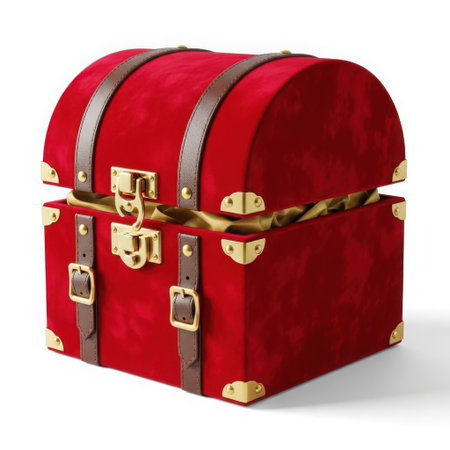 Red velvet treasure chest isolated on white backgroundの素材
