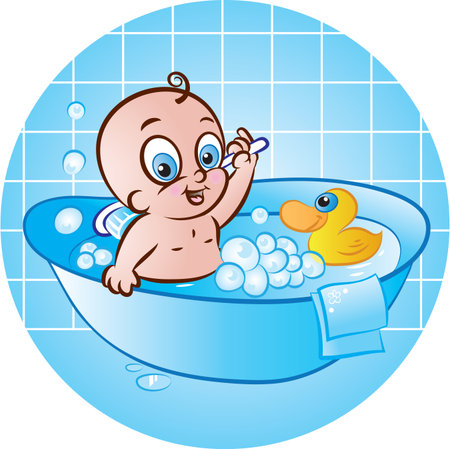 vector illustration of cute baby boy taking a bath in tubのイラスト素材