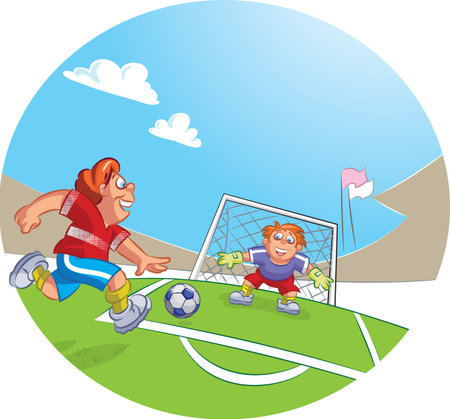 Vector illustration of a goal keeper and soccer player boy dribbling a soccer ball のイラスト素材