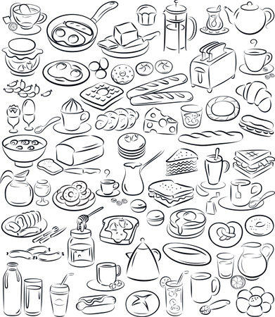 illustration of breakfast collection in black and whiteのイラスト素材