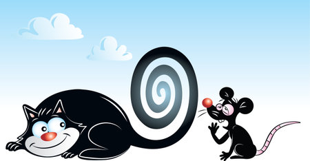 illustration of a black cat hypnotizing black mouseのイラスト素材