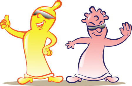 illustration of two condom characters with sun glassesのイラスト素材