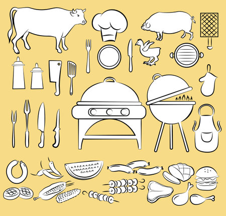 illustration of barbeque items in black and whiteのイラスト素材