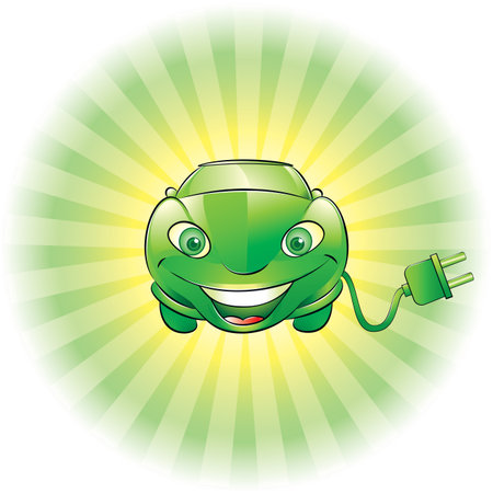 illustration of a smiling green electric car with plugのイラスト素材