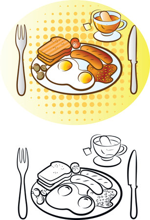 illustration of english breakfast in black and white and color modeのイラスト素材