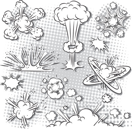 illustration of comic style explosion set in black and whiteのイラスト素材