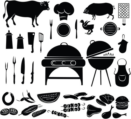 illustration of barbeque items in black and whiteのイラスト素材