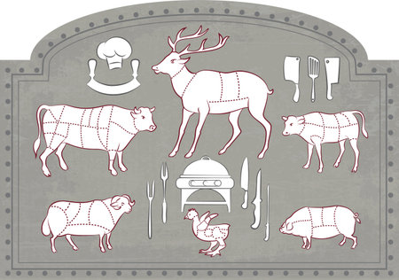 Vector illustration of Diagram Guide for Cutting Meat in Vintage Styleのイラスト素材