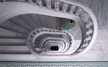 a woman climbing up a marble spiral staircaseの写真素材